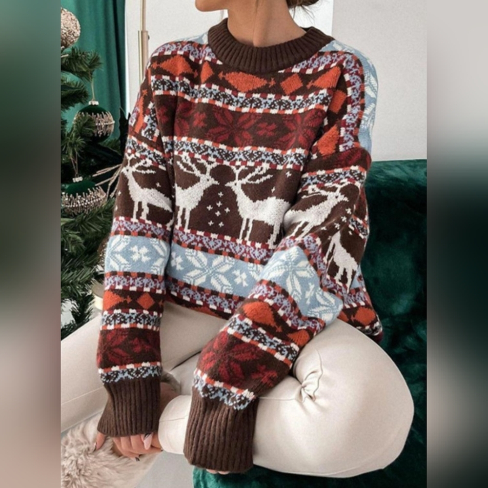 Nordic Reindeer Fair Isle Retro Holiday Knit Sweater Top Festive Color Pullover